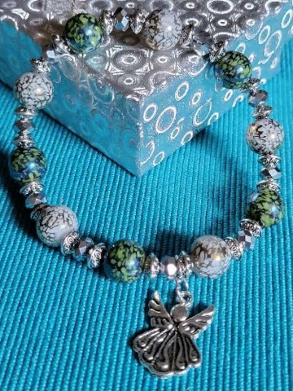 Stunning Green and White Beaded Wrist Wraps with Charms